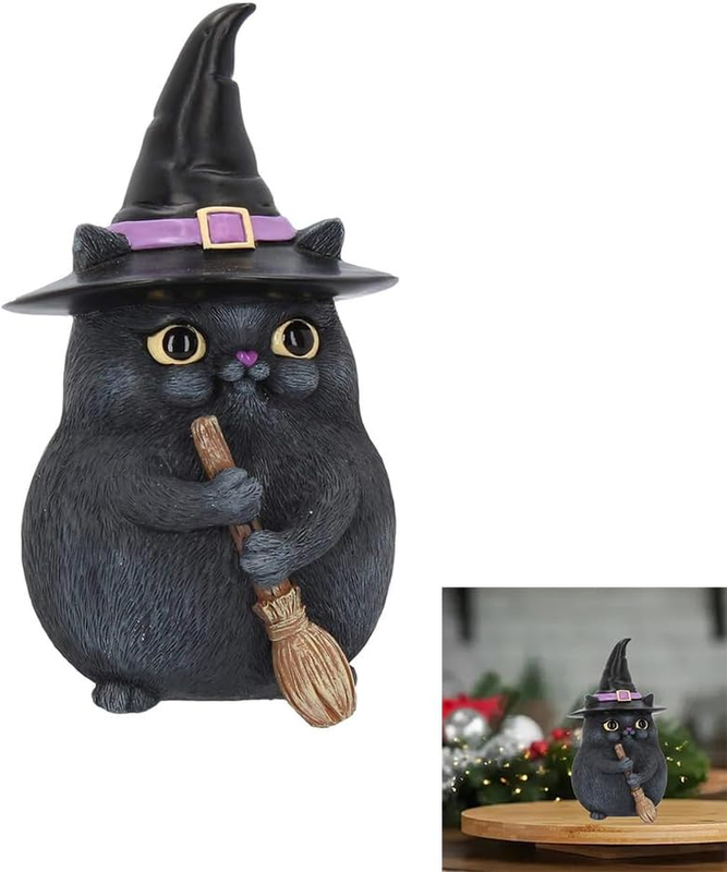Lucky Black Cat and Broomstick Figurines,Resin,Pets Miniature Figurine, Collecti