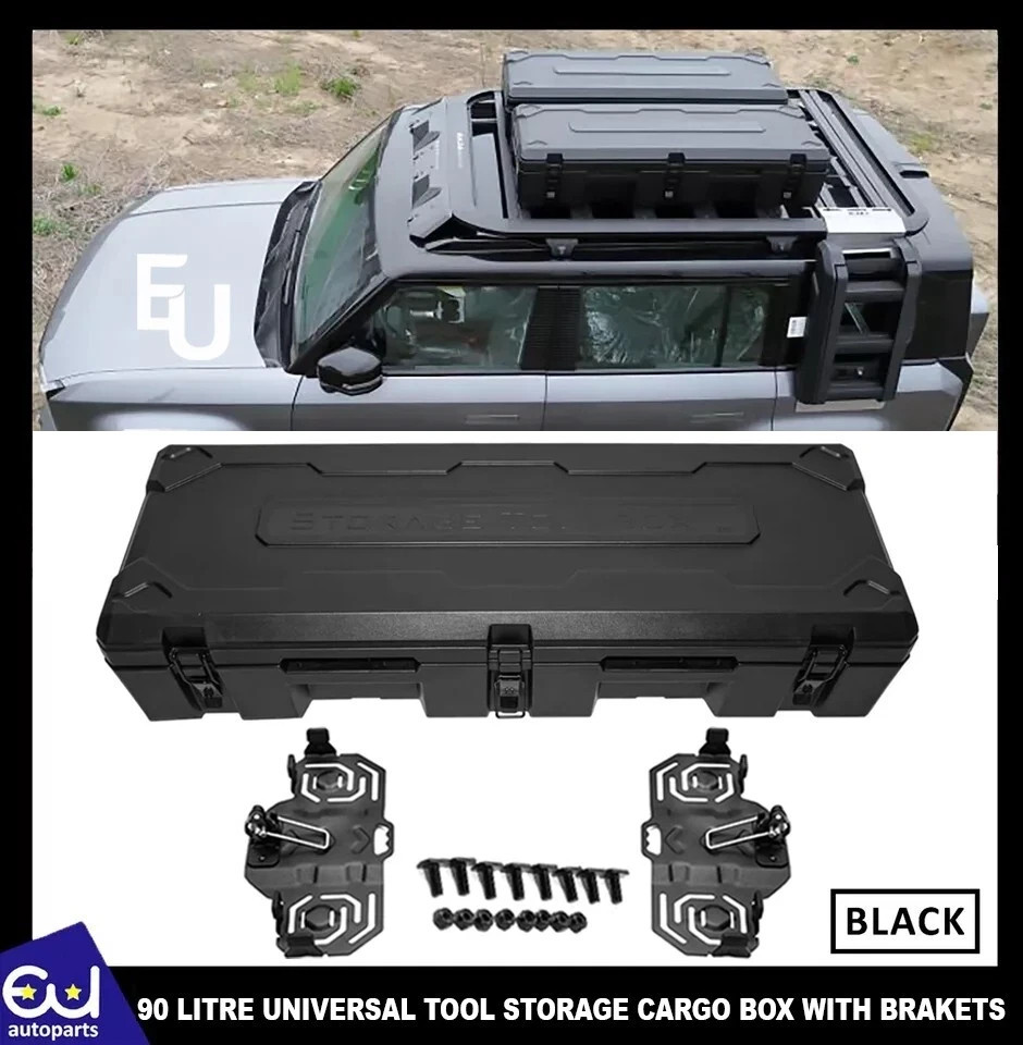90 LITRE UNIVERSAL TOOL STORAGE CARGO BOX WITH BRAKETS ROOF RAILS RACK 127 CM