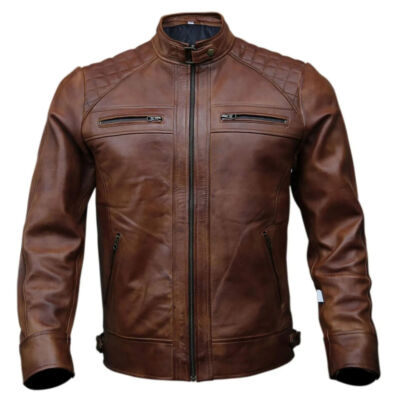 Men's Café Racer Biker Leather Jacket Black Classic Diamond Motorcycle Jacket