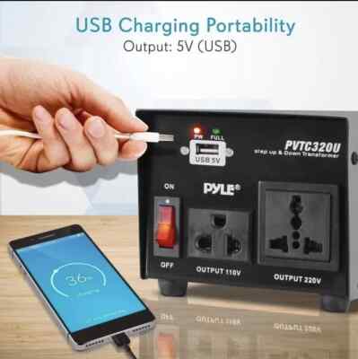PYLE PVTC320U Step Up & Down Voltage Converter Transformer w/ USB Charging Port