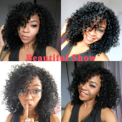 Women Short Black Kinky Curly Wig Synthetic Hair Wigs Side Part Cosplay Wigs 