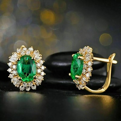 200 Ct Oval Cut Lab Created Green Emerald Stud Earring 14K Yellow Gold Plated