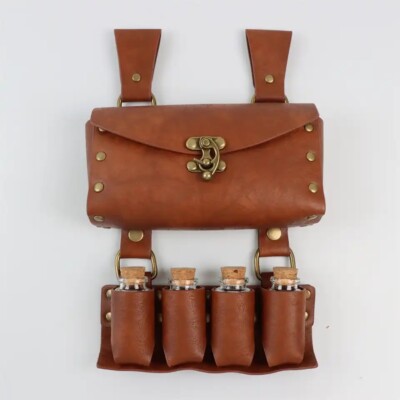 Medieval Alchemy Faux Leather Belt 4 Cork Potion Bottles Fantasy Wizard Bag