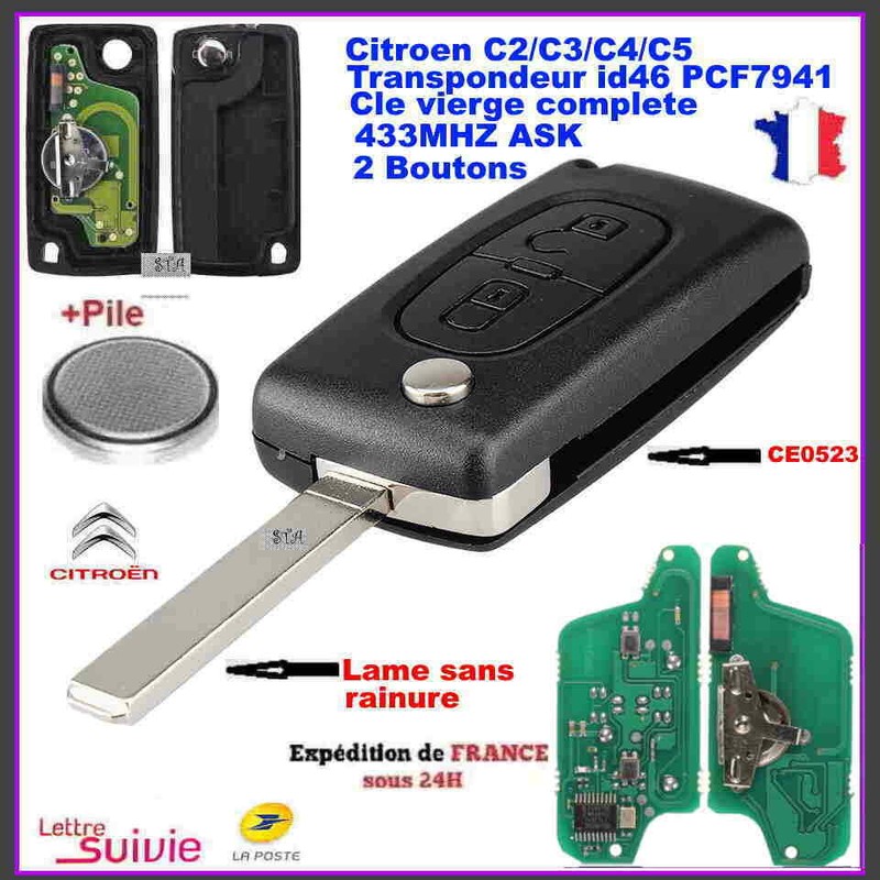 Cle Vierge Ce0523 Circuit Id46 Pour Citroen C2 C3 C4 C5  2 Boutons Ask 433mhz