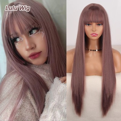 Long Straight Wine Red Wig With Bang Synthetic Wigs Heat Resistant Natural Hair