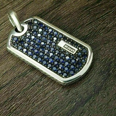 Round Lab Created Sapphire Diamond Men's Dog Tag Pendant 14K White Gold Plated