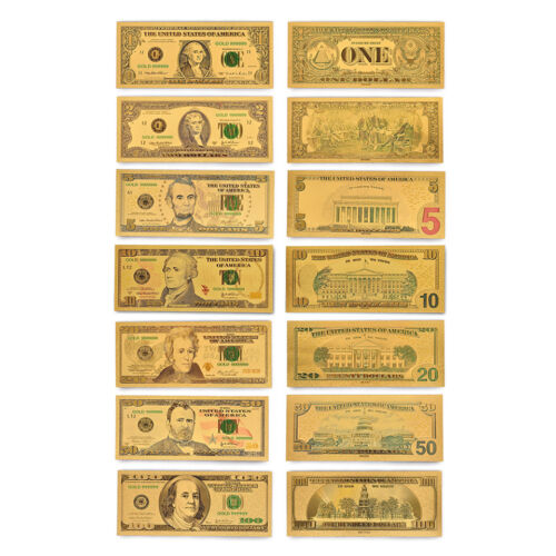 7PCS Gold Banknote American Dollar Bill Money Colored Dollar Bill Novelty Money