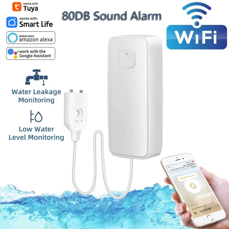 Tuya WiFi Smart Water Leak Sensor Water Overflow Level Detector 80dB Sound Alarm
