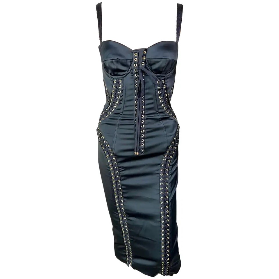 Dolce & Gabbana Corset Lace-Up Bustier Bodycon Black Midi