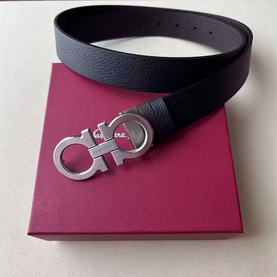Pre-owned Ferragamo Salvatore  Black/brown Men's Double Gancini Silvery Buckle Leather Belt