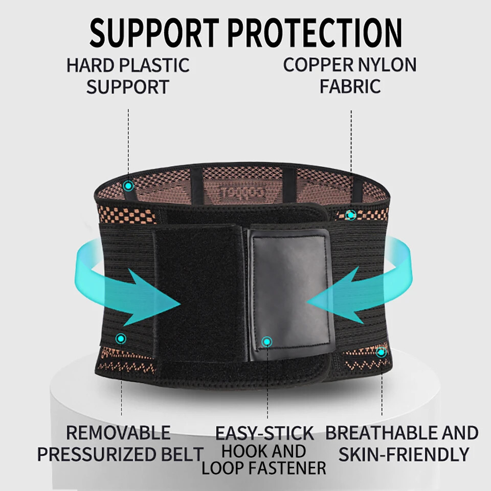 Copper Lumbar Waist Support Brace Belt Lower Back Pain Relief for Men Women
