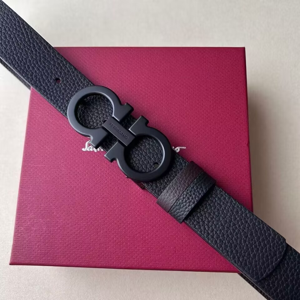 Pre-owned Ferragamo Salvatore  Men's Double Gancini Buckle Leather Belt In Black