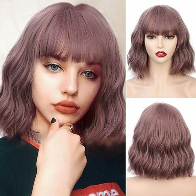 Short Wavy Wig with Bangs Black Synthetic Wigs Women Natural Brown Hair Bob Wigs