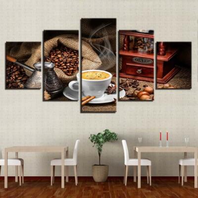 Coffee Cafe Shop Framed 5 Piece Canvas Wall Art Painting