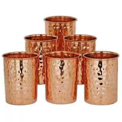 Pure Copper Glass Set, Handcrafted Hammered Cups for Health Benefits Pack Of 6