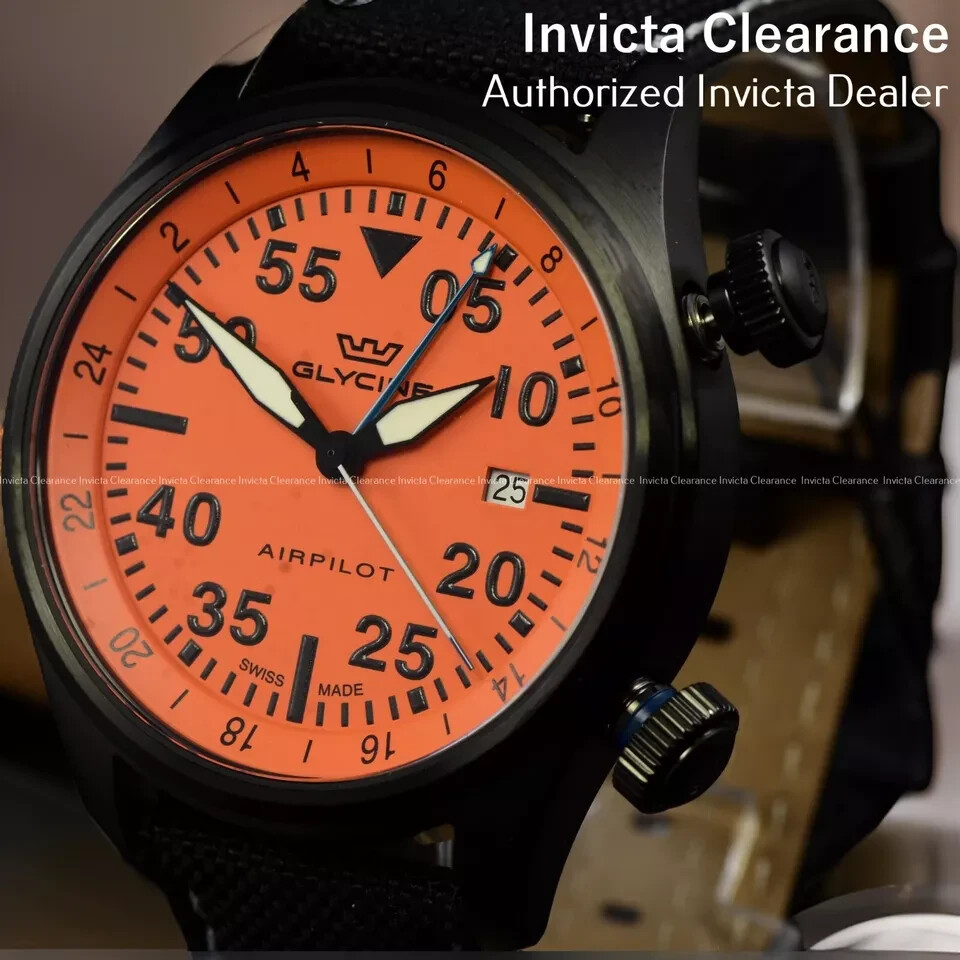 Pre-owned Glycine Men's Airpilot Orange Dial Quartz Black Cordura Band Swiss 44mm Watch