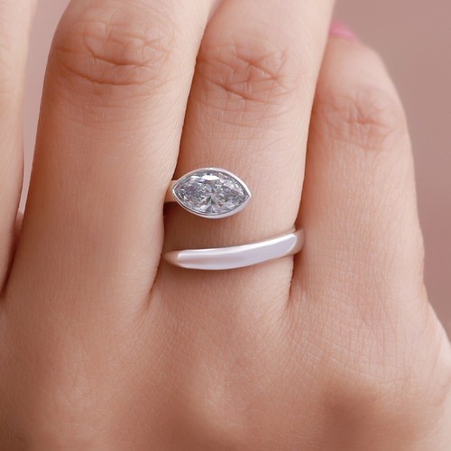 6/7 Ct Marquise Lab Grown Diamond Bezel Set Solitaire Bypass Ring 14K White Gold