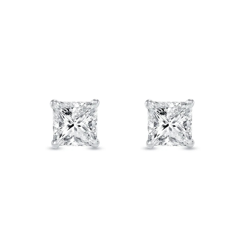 1 Ct Lab Created Grown Diamond Princess Solid 14K White Gold Earrings Studs Push