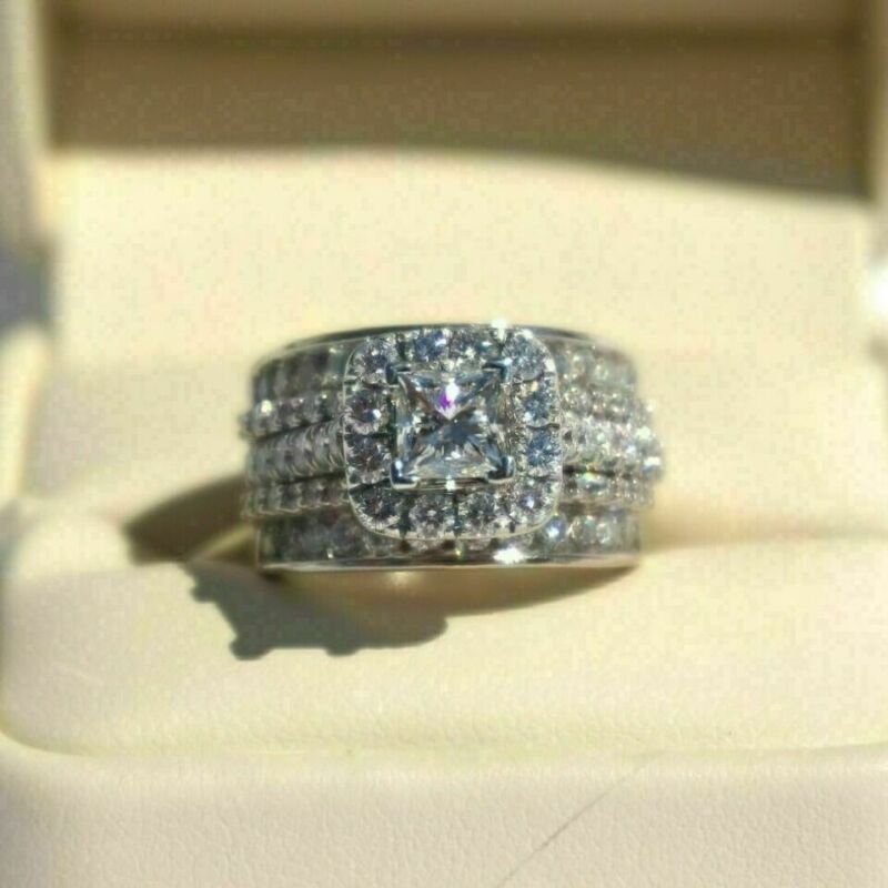 Real 925 Sterling Silver 2 CT Princess Cut Moissanite Engagement Bridal Ring Set