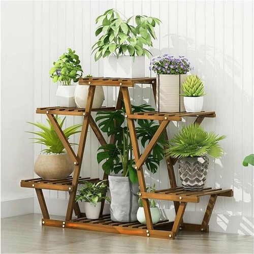 6 Tier Wooden Plant Stand Shelves Rack Flower Pot Display Garden Outdoor Indoor