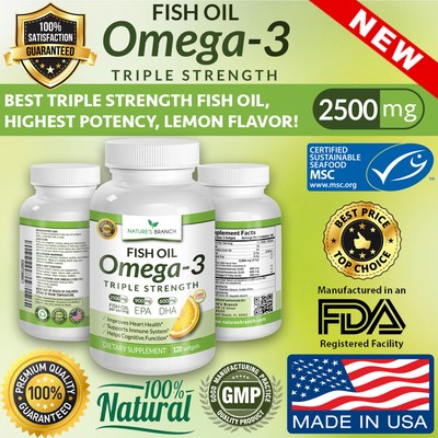 BEST TRIPLE STRENGTH OMEGA 3 FISH OIL PILLS 2500mg HIGHEST POTENCY LEMON (Best Fish Oil Pills)