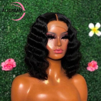 Deep Wave Transparent Short Bob Lace Front Human Hair Wigs Remy HD Closure Wigs