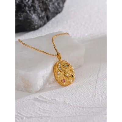 14k Gold Plated Sun Moon Celestial Multicolor CZ Pendant Chain Women Necklace