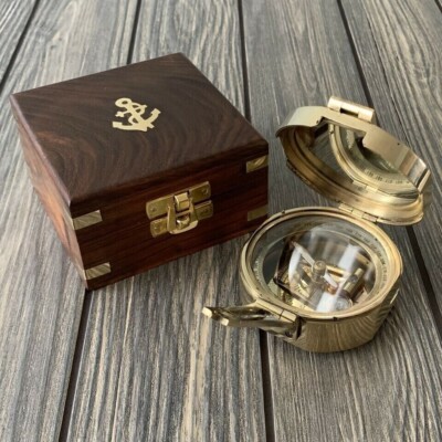 Brass Brunton Pocket Compass With Wooden Box Nautical Gift Item