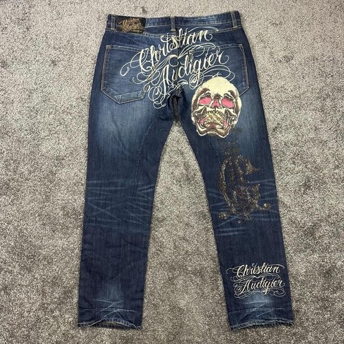 Christian Audigier スカル刺繍デニムパンツ Christian Audigier Jeans 36X34 Embroidered Skull Button Fly