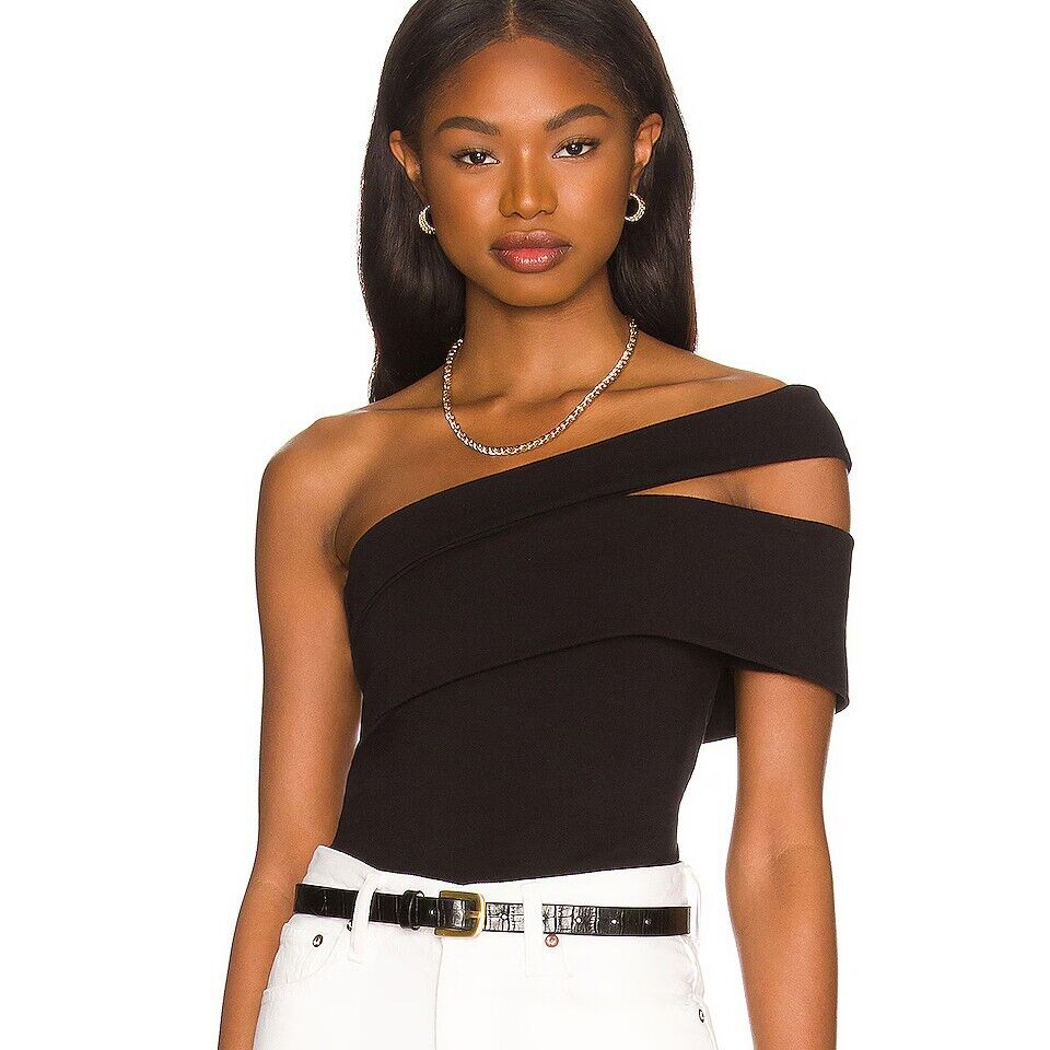 NWT AGOLDE Black Sliced Bodysuit One Shoulder Stretch Thong Back Stretch LARGE