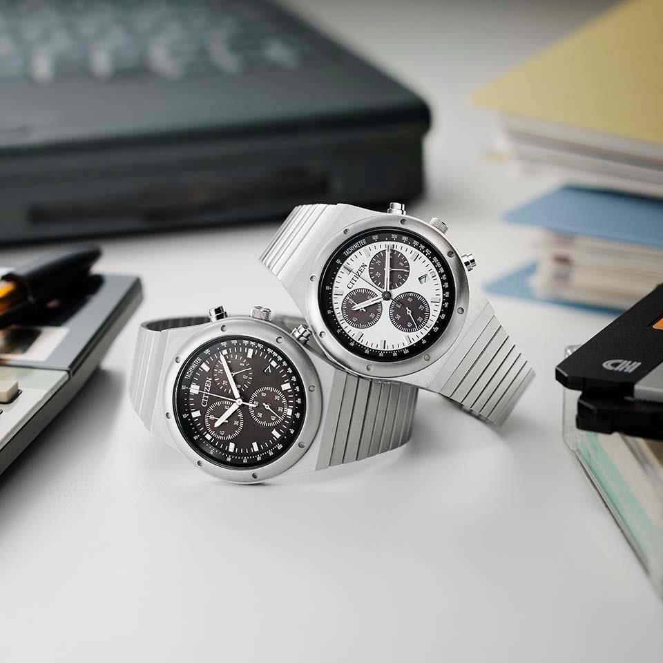 Pre-owned Citizen Collection Record Label 1984 Chronograph At2540-57e Eco-drive Watch 38mm