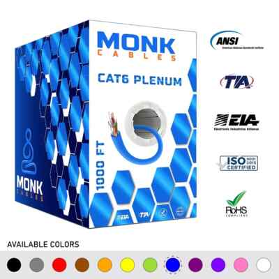 CAT6 Plenum 1000ft Bulk CMP 23AWG 550MHz UTP Ethernet Cable Blue