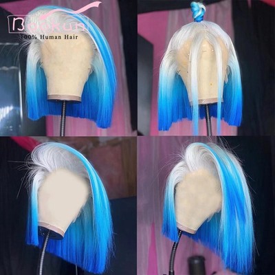 Colored Blue Pink Purple Bob Wig Lace Front Wigs HD Transparent Remy Short Wigs