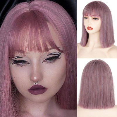 Short Pink Bob Synthetic Wig With Bangs for Women for Daily Use Shoulder Length