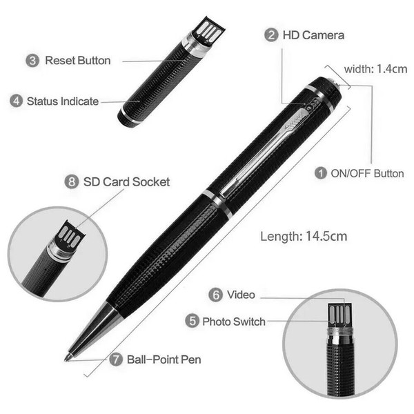 Spy pen with HD camera and SD card slot.