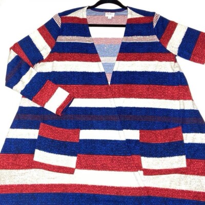LuLaRoe Caroline  Cardigan - Blue, Burgundy & Tan Striped - XL