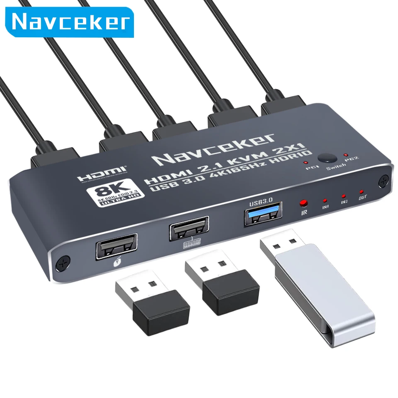 HDMI KVM Switch 8K 60Hz 4K 165Hz KVM Switcher with Remote Control 2 PC Share 1 M