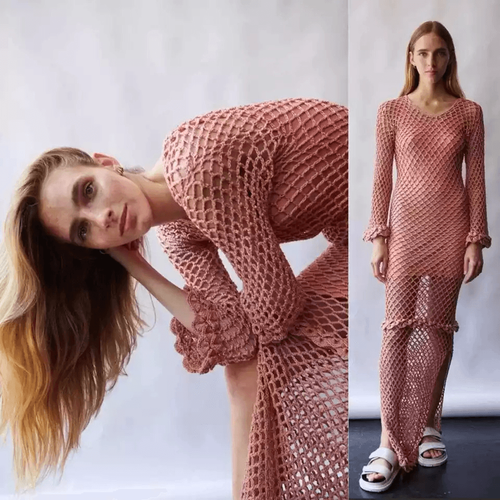 AYNI Pink Coral Imac Long Sleeve Maxi Dress Crochet Side Slits