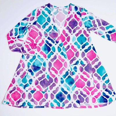 LuLaRoe Caroline  Cardigan -White With Multicolor Print Pink,Turquoise, Purple-L