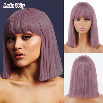 Short Synthetic Silver Gray Bob with Bangs Cosplay Daily Party Hair Wigs