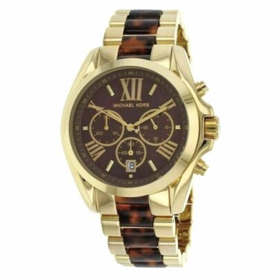 Pre-owned Michael Kors Bradshaw Gold Tone+tortoise+brown Chrono,roman 's Watch Mk5696