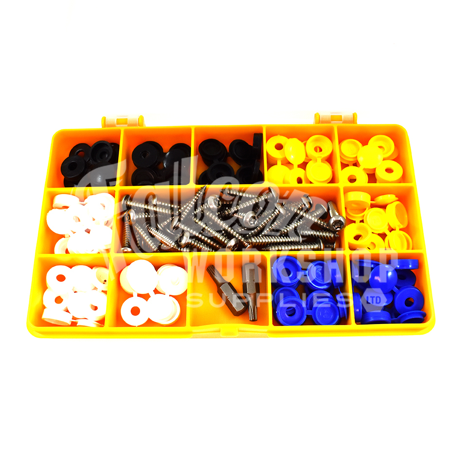 122 ASSORTED NUMBER PLATE CAR FIXING FITTING KIT 3//4/" SECURITY SCREWS CAPS KIT