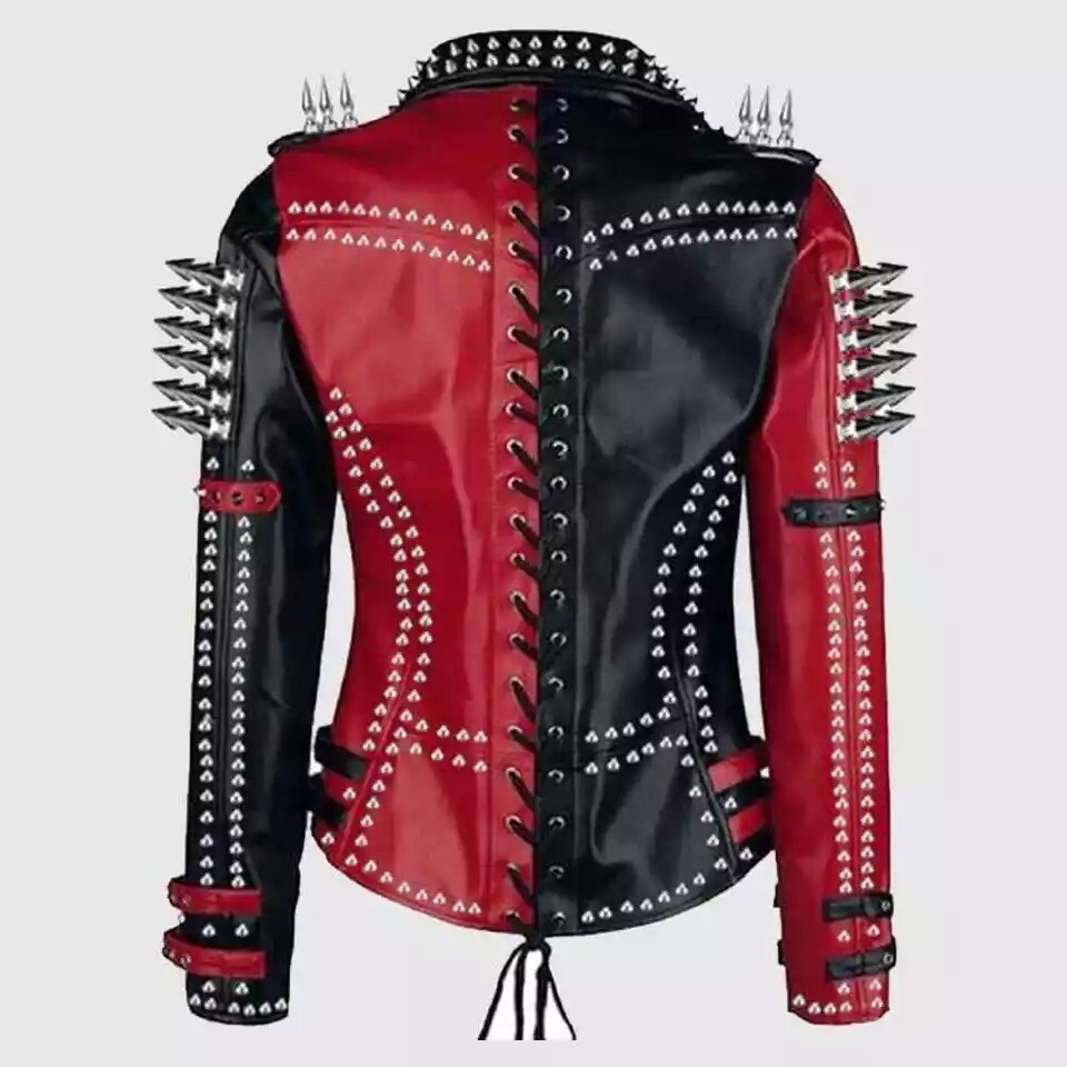 Pre-owned Black Men's Two Tone Brando  & Red Studded Punk Rock Spikes Biker Leather Jacket.