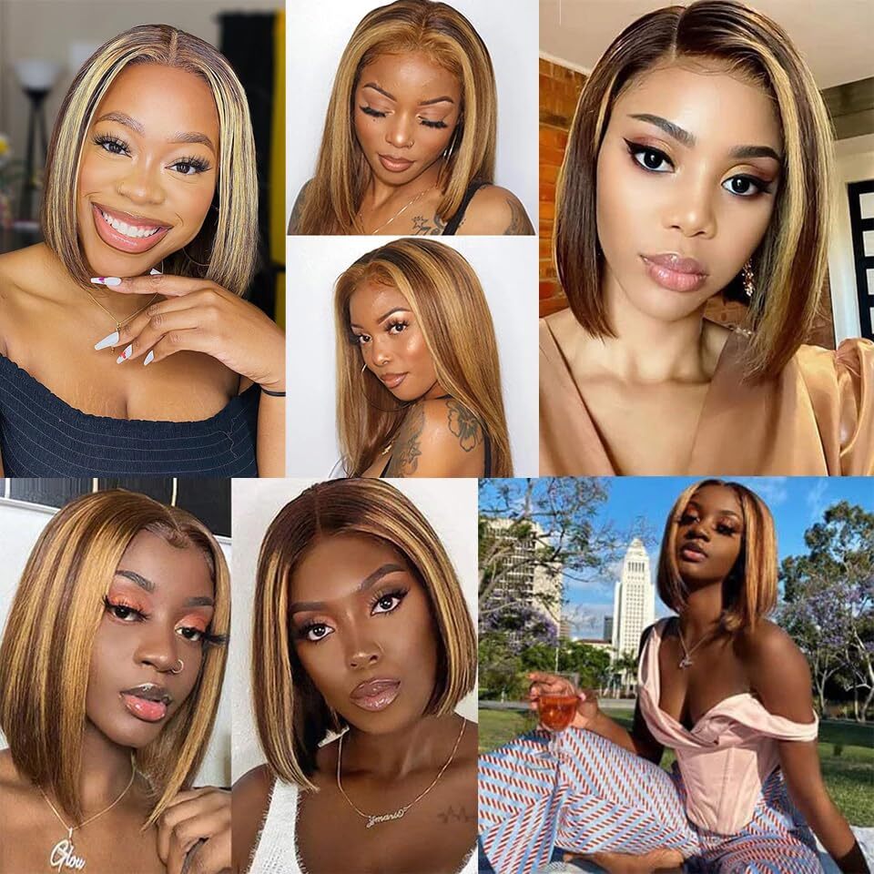 4/27 Ombre Bob Wig Human Hair 13x4 Highlight HD Lace Front Wigs Christmas Gifts