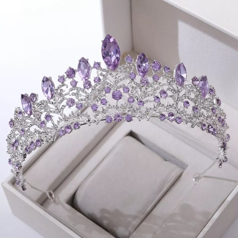 Silver Purple Tiara Crown Princess Queen Gems Icy Gift Bridal Real Metal Prom