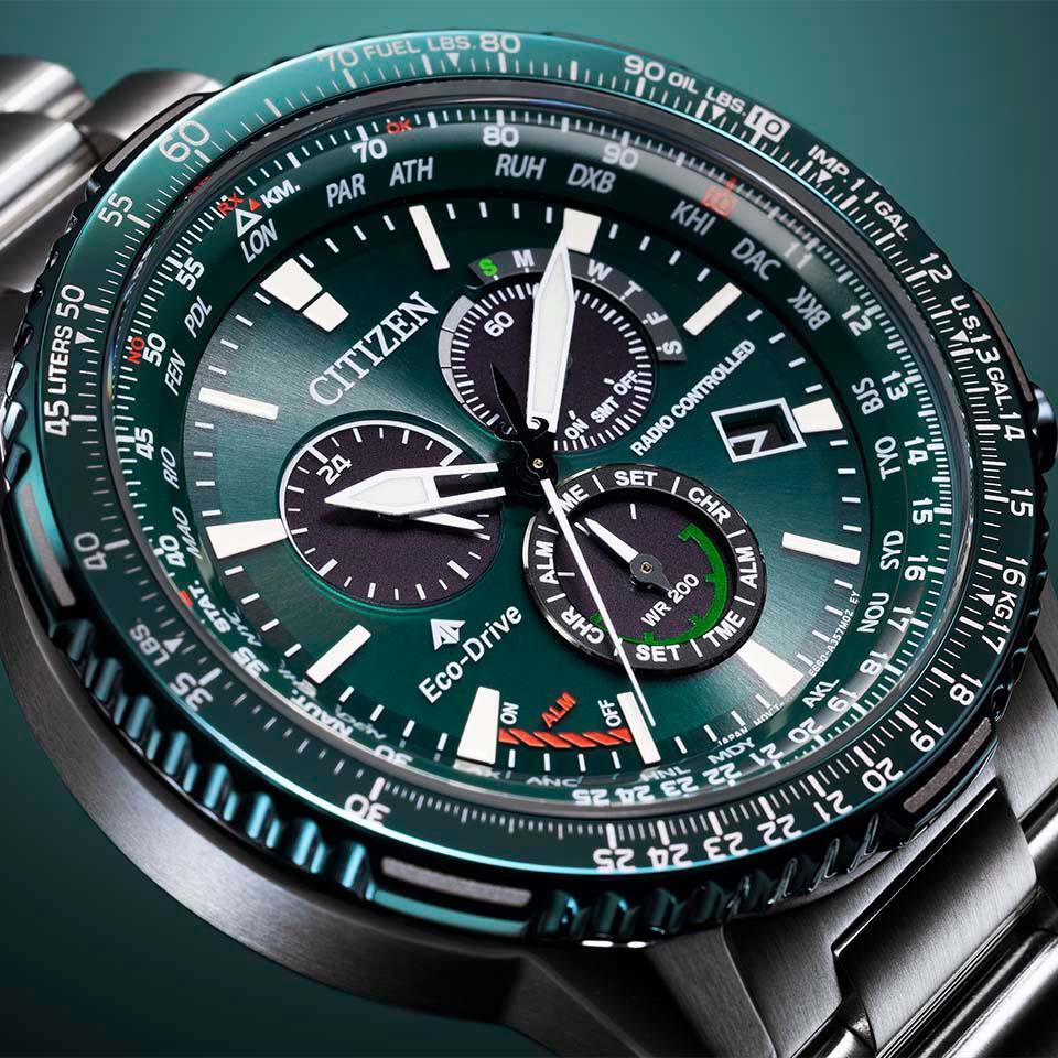 Pre-owned Citizen Promaster Sky Cb5004-59w Eco-drive Radio Solar Watch Green Dial 45.9mm