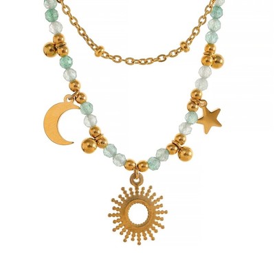 Sun Pendant Moon Star Charms Beaded Chain Necklace 18k Gold Plated Women Jewelry