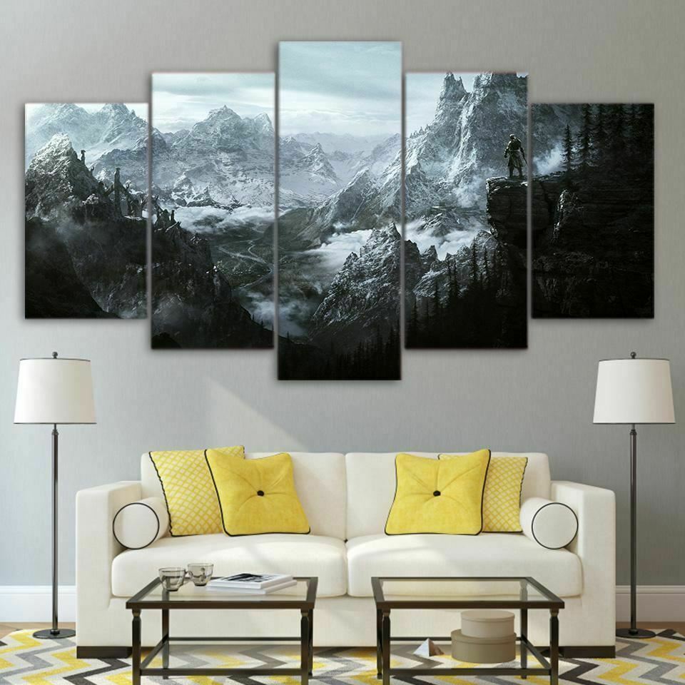 Elder Scrolls Skyrim Mountains Five Piece Framed Canvas Multi