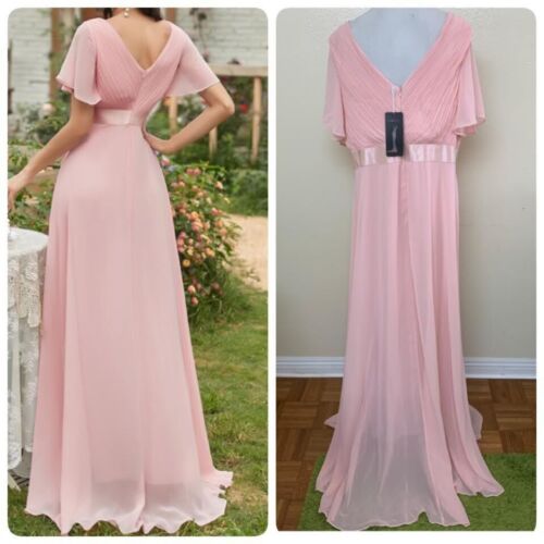 Ever-Pretty Size 8 V-Neck Flutter Sleeve Chiffon Evening MTB Gown Pink