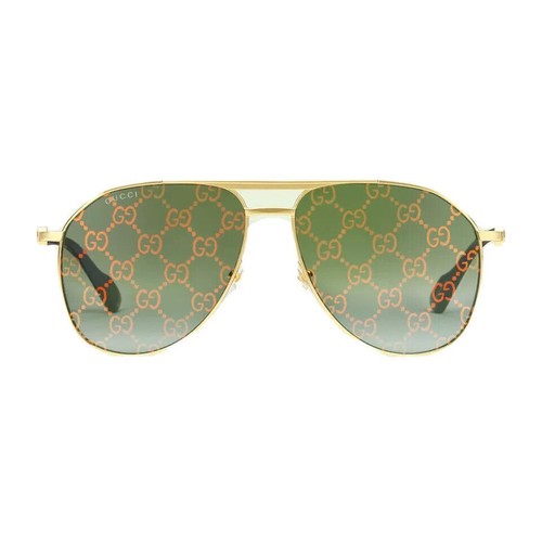 Pre-owned Gucci Sunglasses  Gg1220s 004 Xl Gold & Black/green W/ Gold Pattern Logo Lens